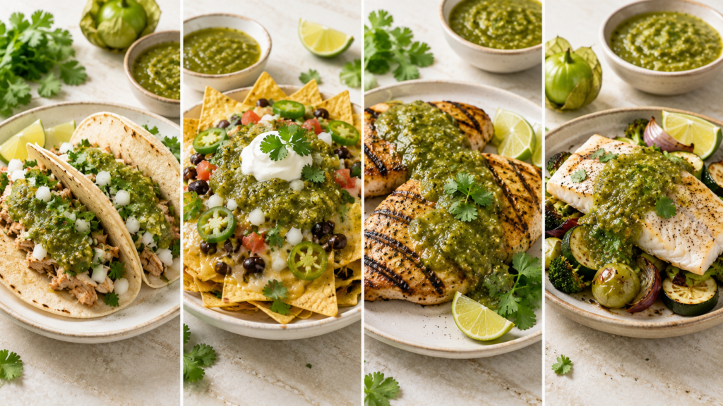 Salsa Verde Servierideen mit Tacos, Nachos, gegrilltem Fleisch und Gemüse