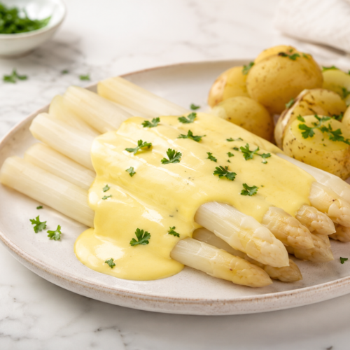 Sauce Hollandaise Rezept mit weißem Spargel, cremiger Sauce und Kartoffeln