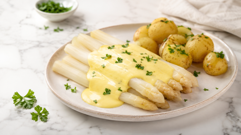 Sauce Hollandaise Rezept mit weißem Spargel, cremiger Sauce und Kartoffeln