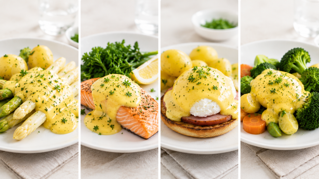 Sauce Hollandaise mit Spargel, Lachs, Eggs Benedict und Gemüse