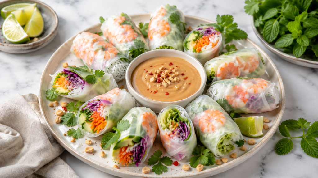Sommerrollen Soße mit frischen Summer Rolls auf hellem Teller