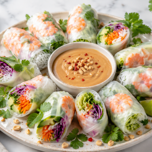 Sommerrollen Soße mit frischen Summer Rolls auf hellem Teller