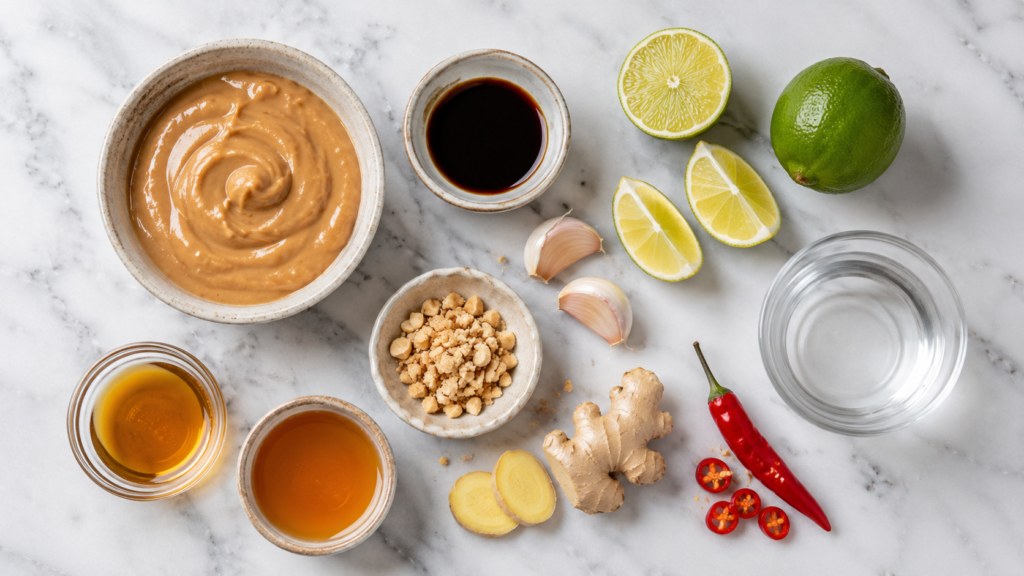 Zutaten für Sommerrollen Soße mit Erdnussmus Sojasauce Limette und Knoblauch