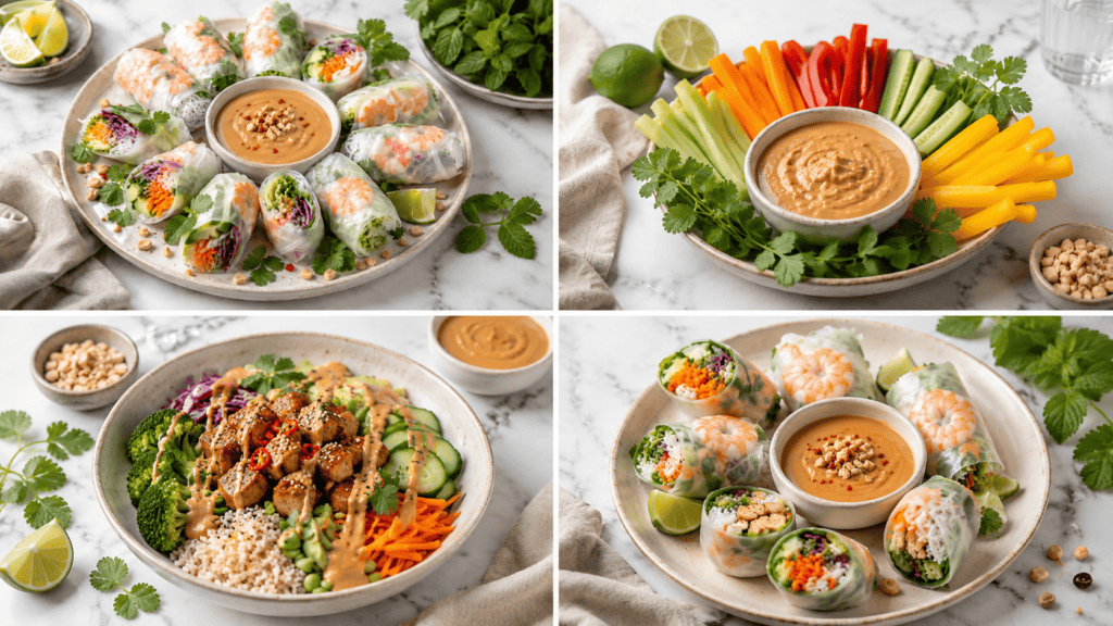 Servierideen für Sommerrollen Soße mit Summer Rolls Gemüse und Bowls