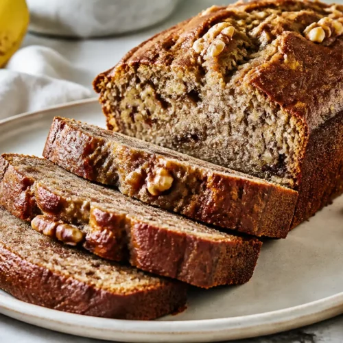 Bananenbrot mit Walnüssen als fertiges Gericht appetitlich serviert