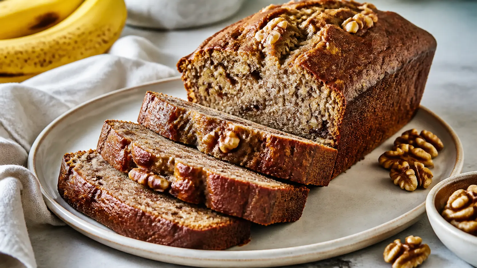 Bananenbrot mit Walnüssen als fertiges Gericht appetitlich serviert