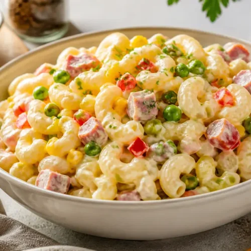 Klassischer Nudelsalat als fertiges Gericht appetitlich serviert