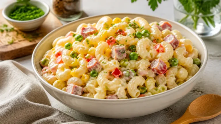 Klassischer Nudelsalat als fertiges Gericht appetitlich serviert