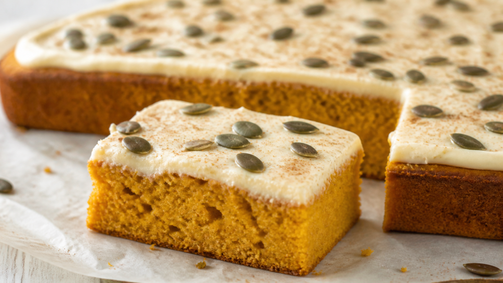 Kürbiskuchen vom Blech – saftig mit Frischkäse