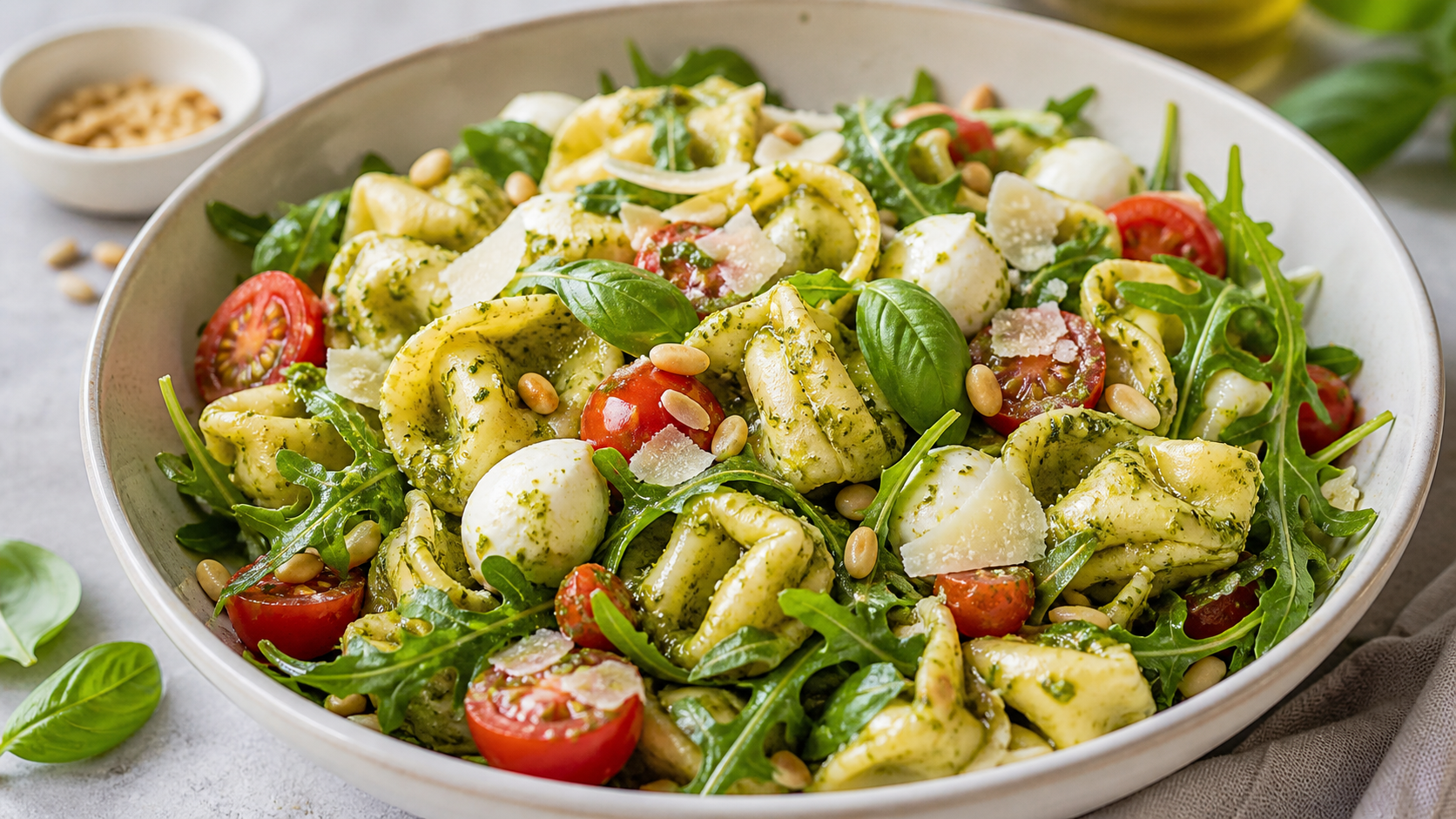 Tortellini Salat als fertiges Gericht appetitlich serviert