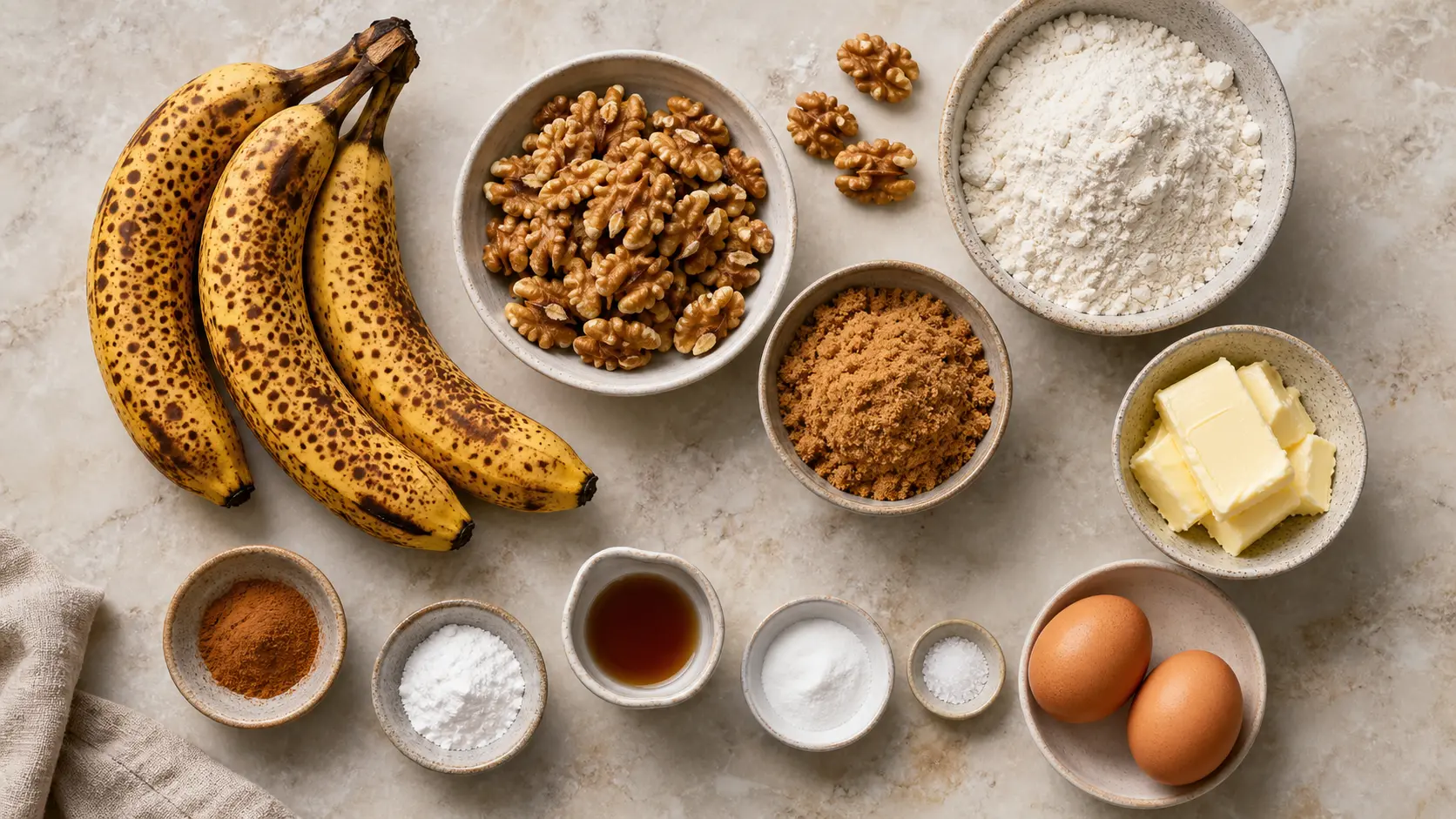 Zutaten für Bananenbrot mit Walnüssen übersichtlich vorbereitet