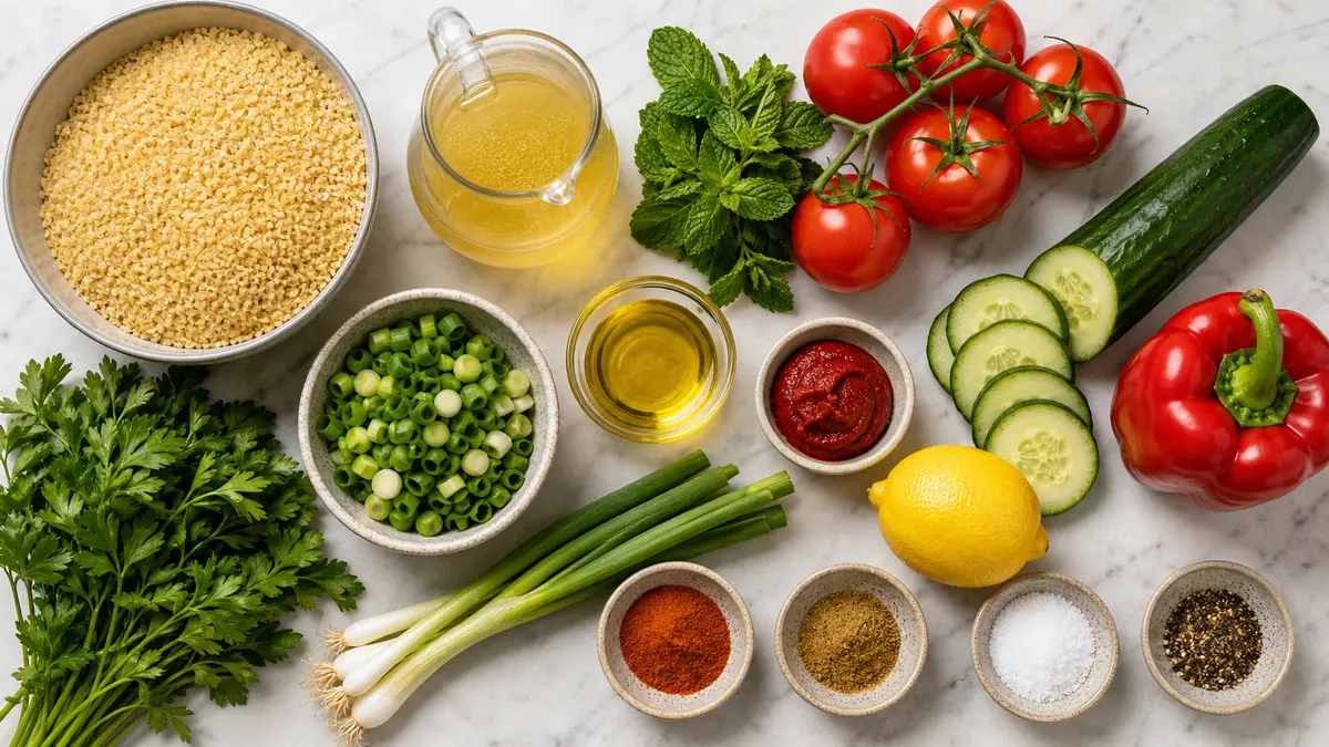Zutaten für Bulgursalat übersichtlich vorbereitet