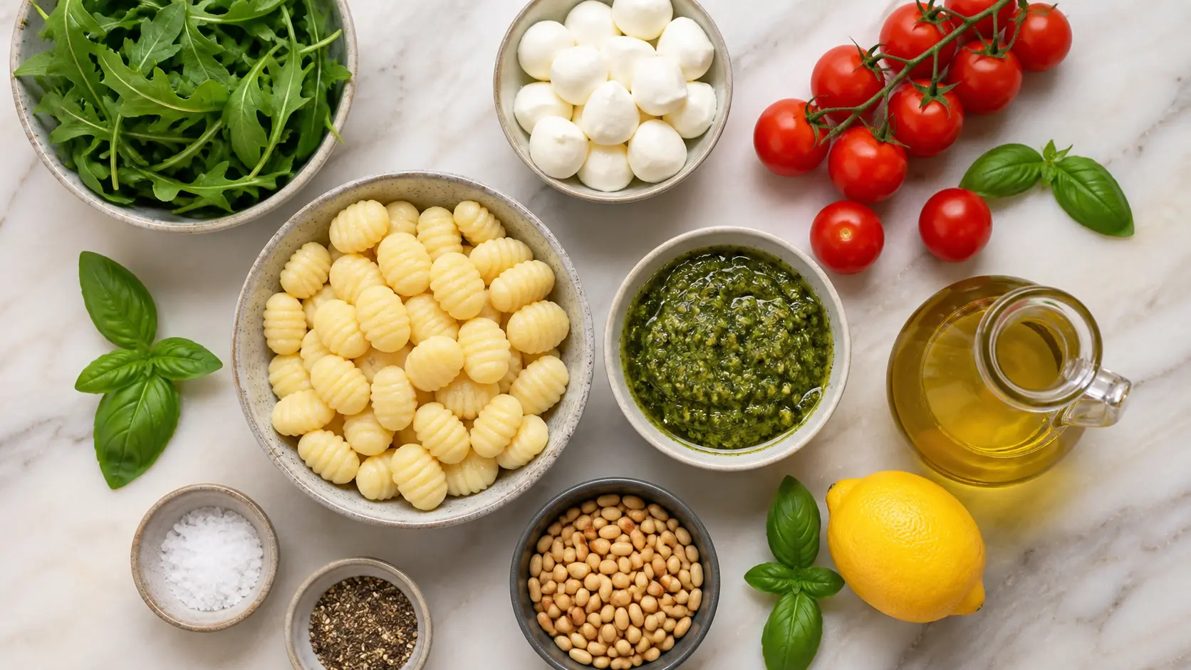 Zutaten für Gnocchi-SalaGnocchi-Sala übersichtlich vorbereitet