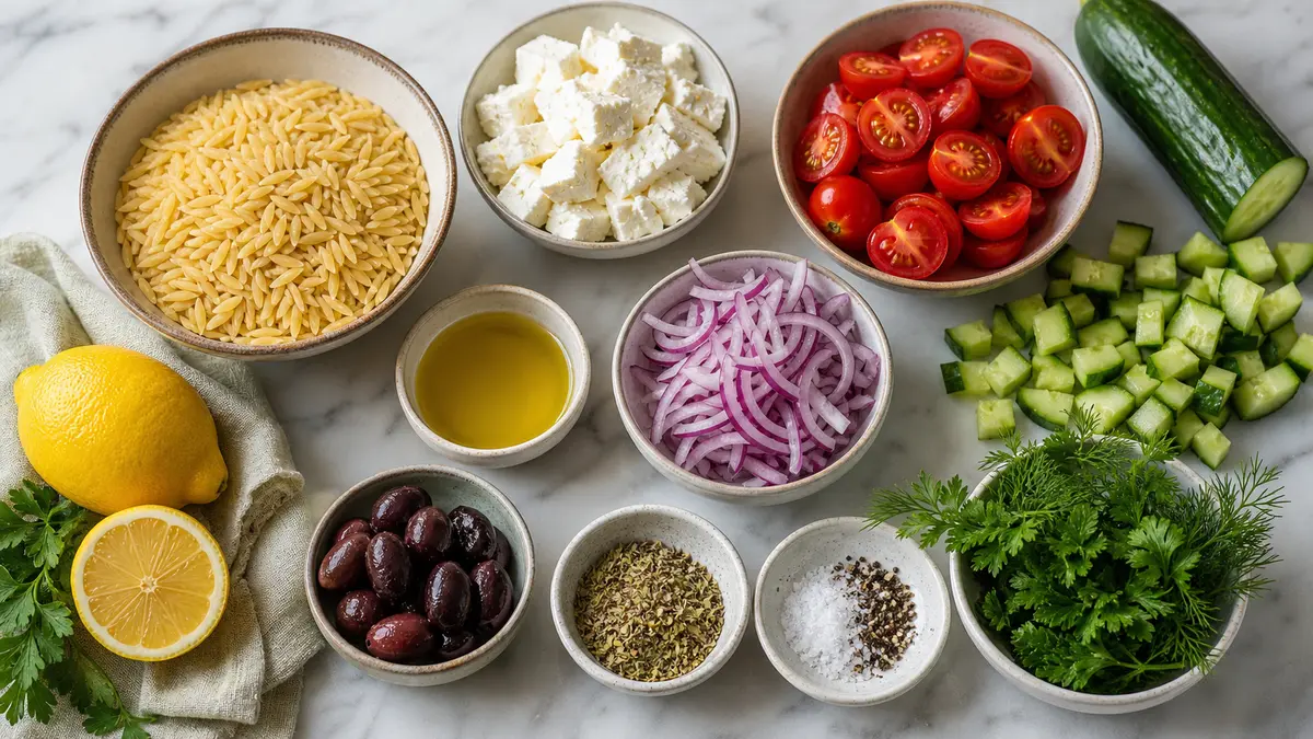 Zutaten für Kritharaki-Salat übersichtlich vorbereitet