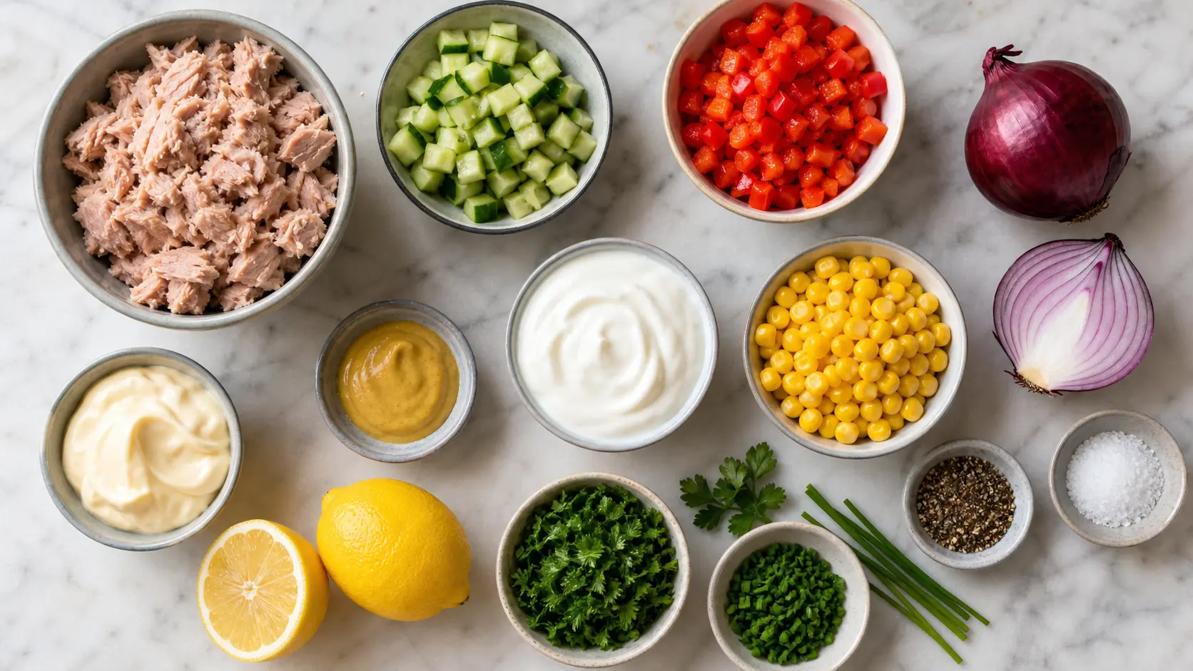 Zutaten für Thunfischsalat übersichtlich vorbereitet