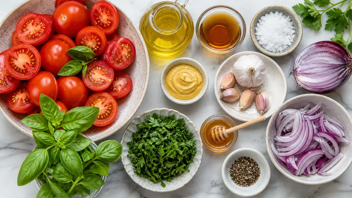 Zutaten für Tomatensalat übersichtlich vorbereitet