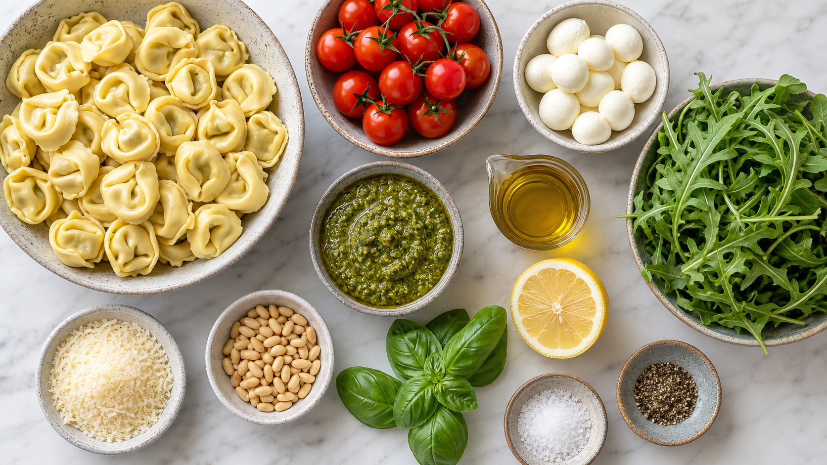Zutaten für Tortellini Salat übersichtlich vorbereitet