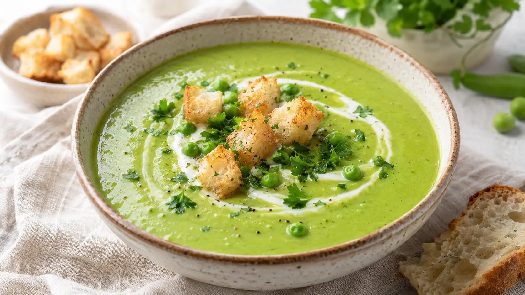 Feine Erbsensuppe als fertiges Gericht appetitlich serviert
