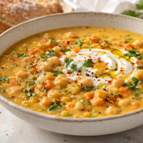 Kichererbsensuppe als fertiges Gericht appetitlich serviert