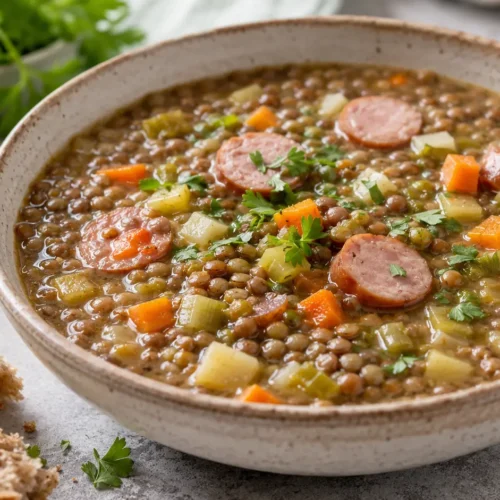 Klassische Linsensuppe als fertiges Gericht appetitlich serviert