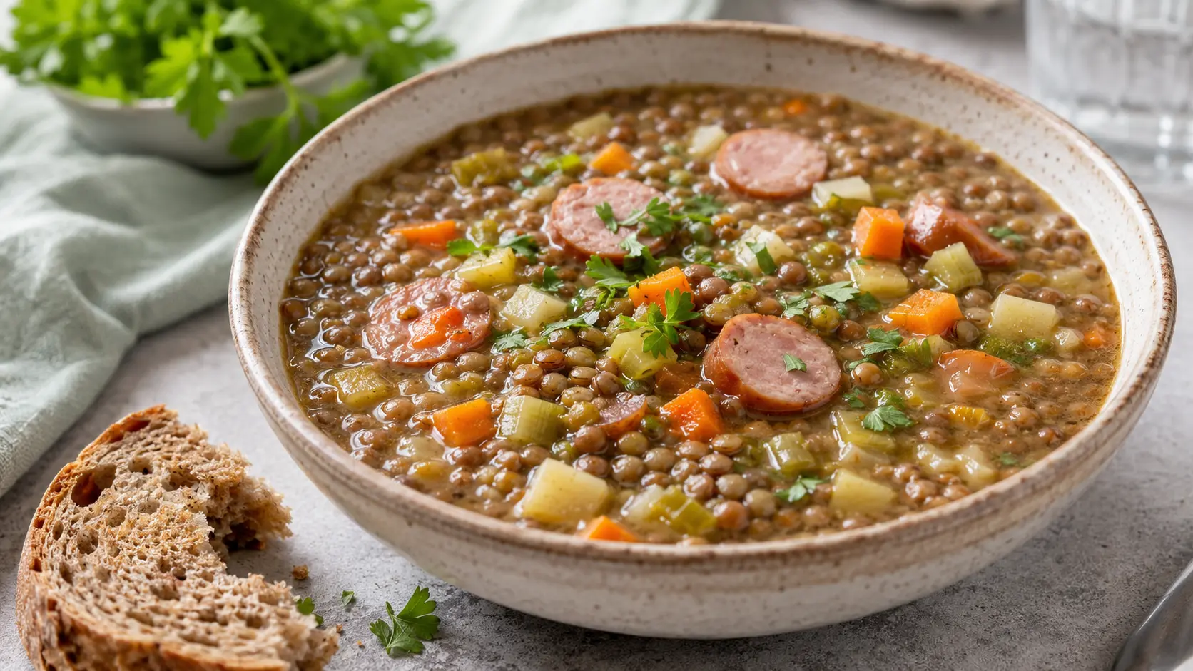 Klassische Linsensuppe als fertiges Gericht appetitlich serviert