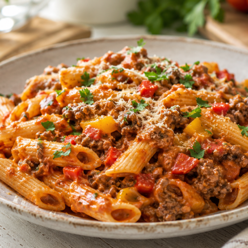 Nudelgerichte mit Fleisch als fertiges Gericht appetitlich serviert