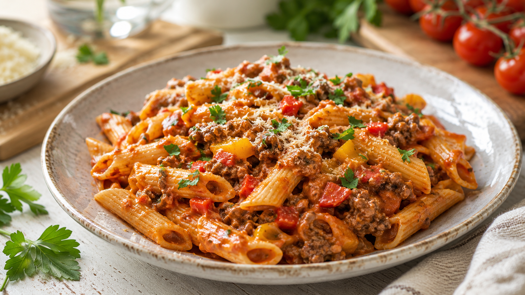 Nudelgerichte mit Fleisch als fertiges Gericht appetitlich serviert