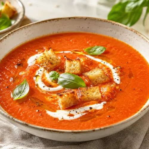 Tomaten-Paprika-Suppe als fertiges Gericht appetitlich serviert
