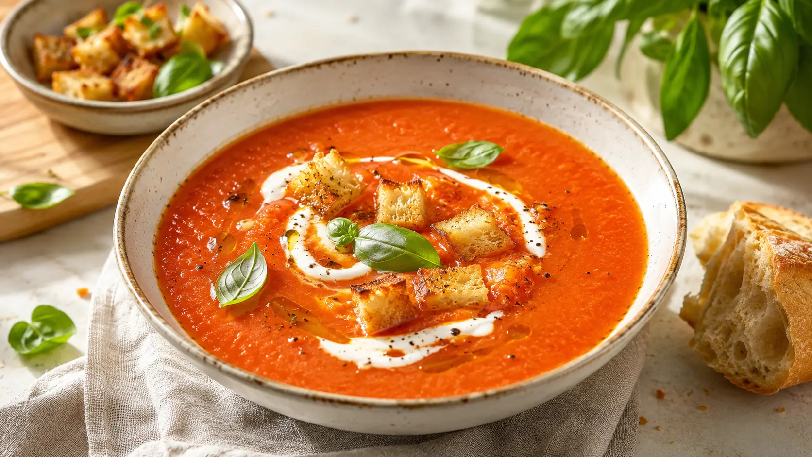 Tomaten-Paprika-Suppe als fertiges Gericht appetitlich serviert