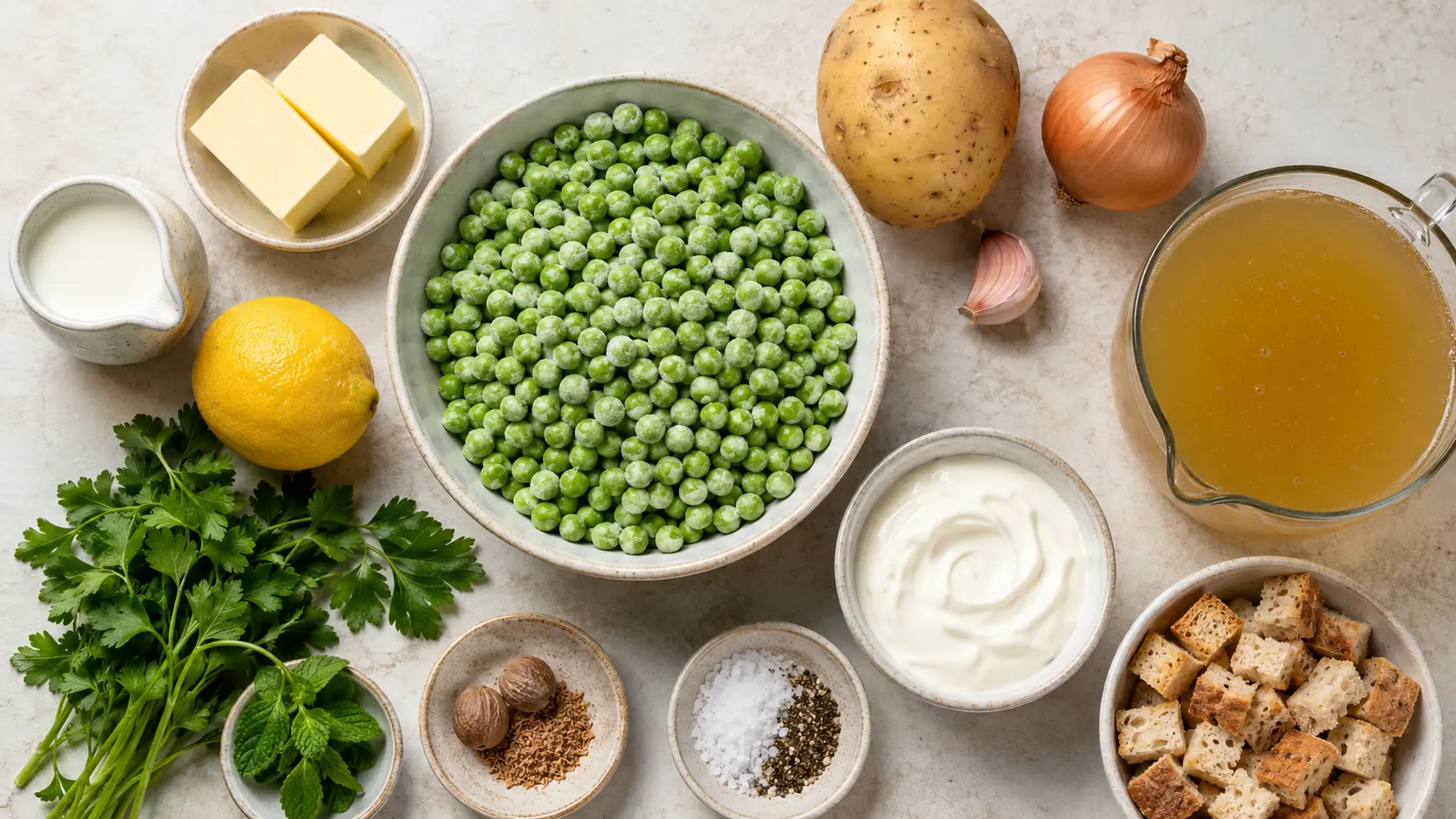 Zutaten für Feine Erbsensuppe übersichtlich vorbereitet
