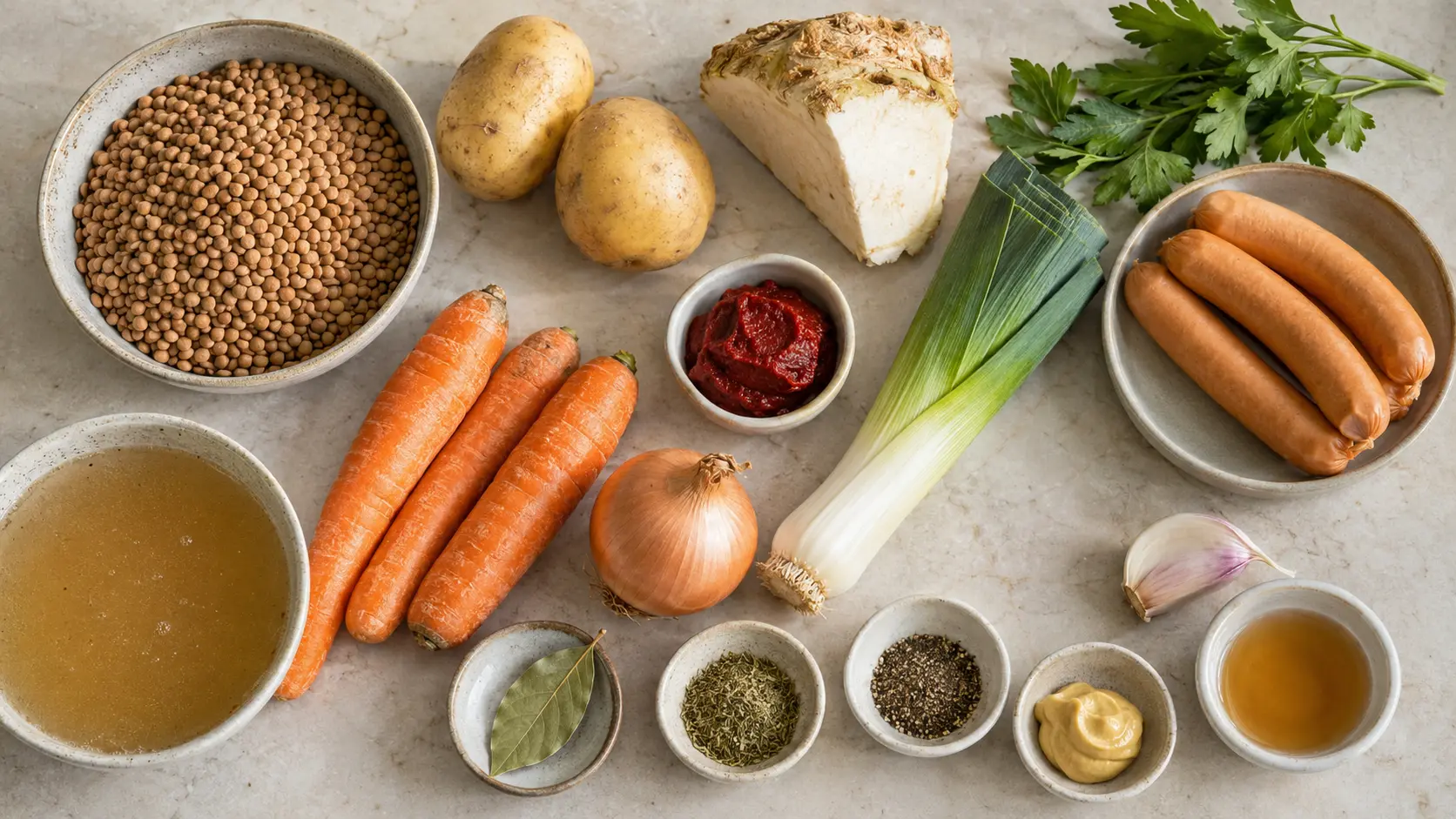 Zutaten für Klassische Linsensuppe übersichtlich vorbereitet