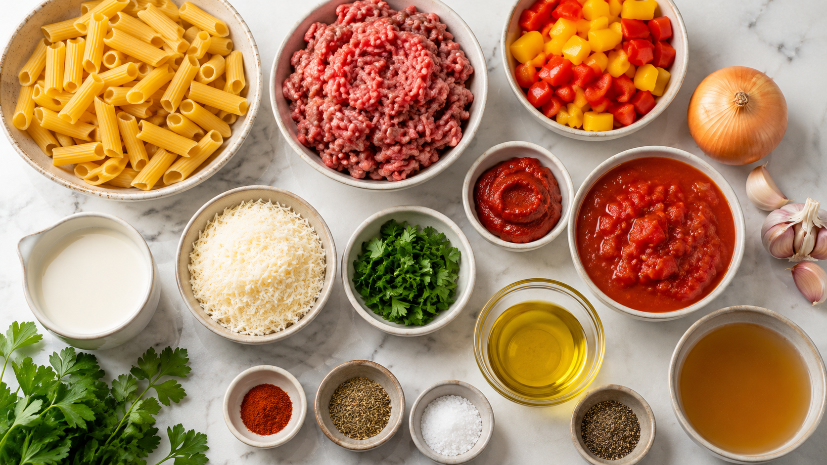 Zutaten für Nudelgerichte mit Fleisch übersichtlich vorbereitet