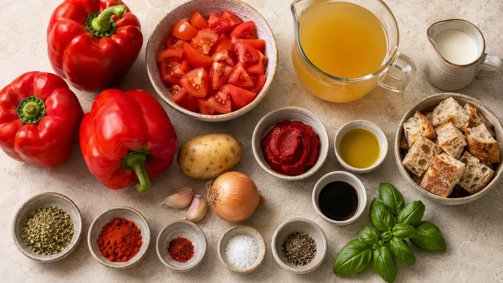 Zutaten für Tomaten-Paprika-Suppe übersichtlich vorbereitet