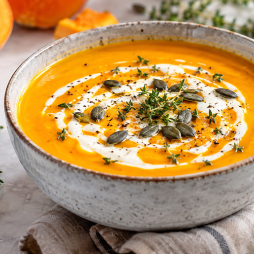 Kürbissuppe als fertiges Gericht appetitlich serviert