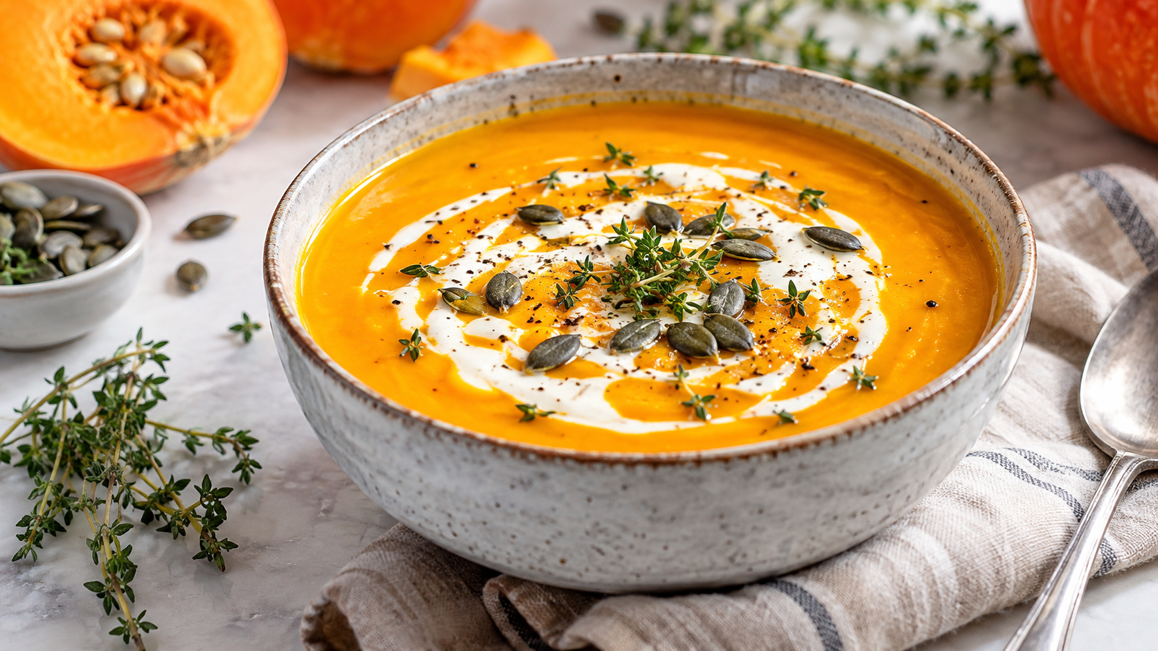 Kürbissuppe als fertiges Gericht appetitlich serviert