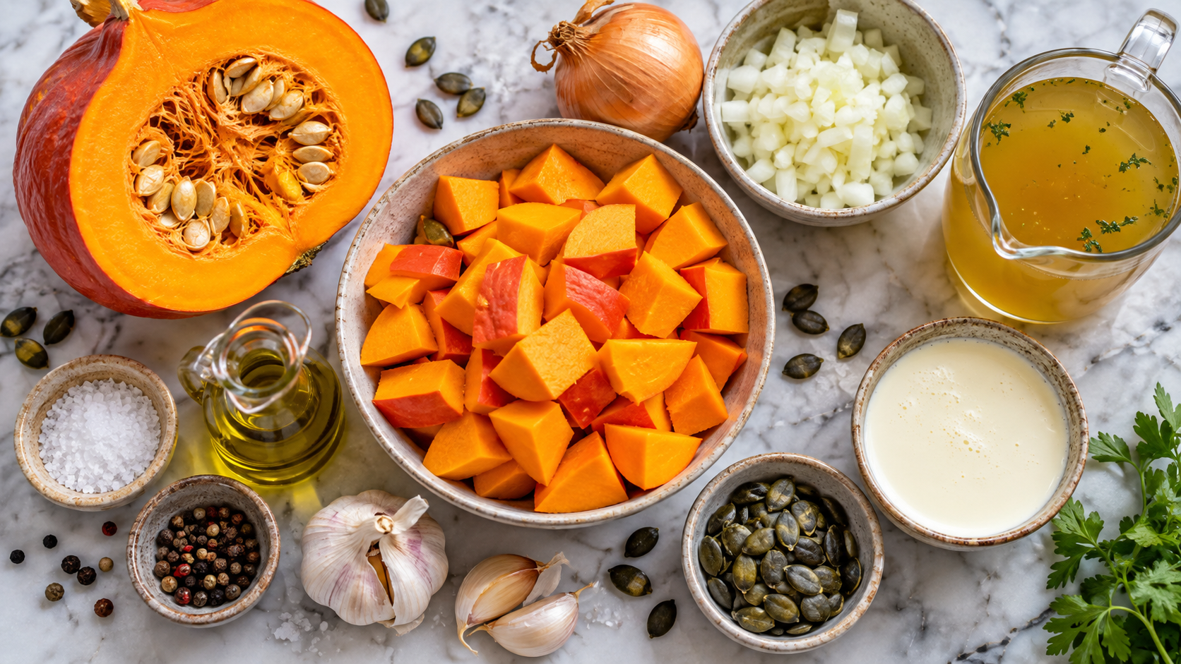 Zutaten für Kürbissuppe übersichtlich vorbereitet